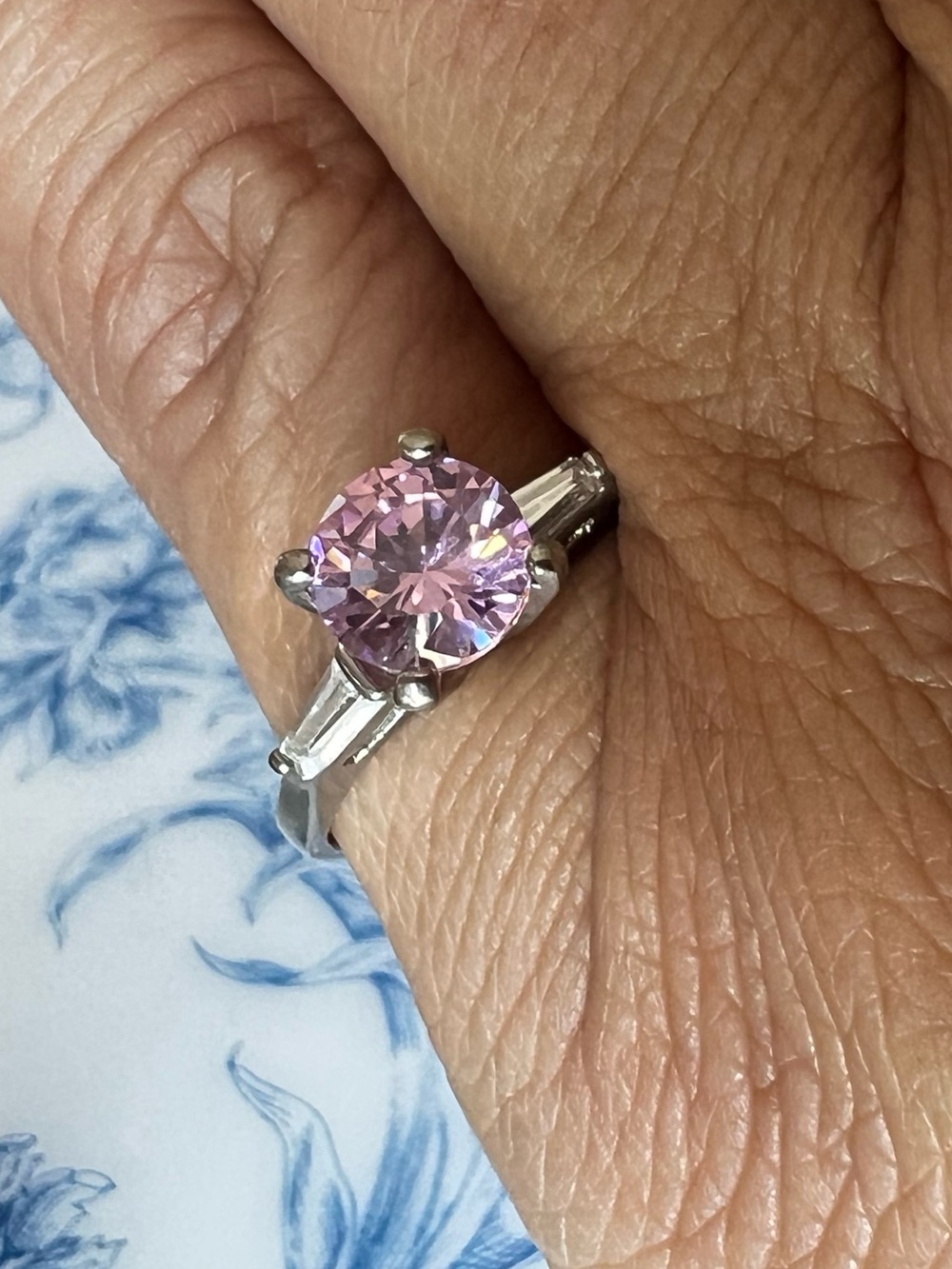 Pink Gemstone Solitaire Ring Silver Baguette Accent Size 6.75 #67534